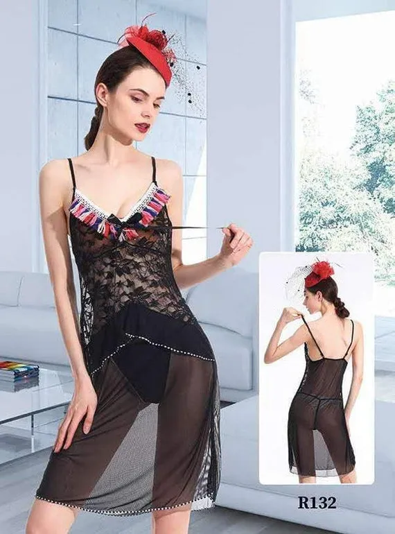 Pack Of 2 See Through Short Nighty  - Black & Red