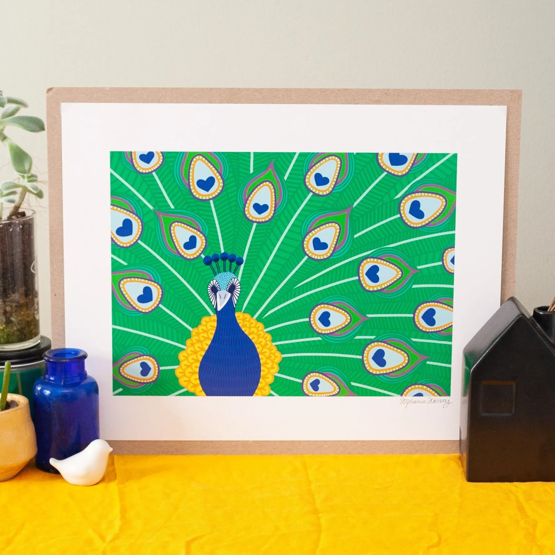 peacock art print, stylized peacock feather art