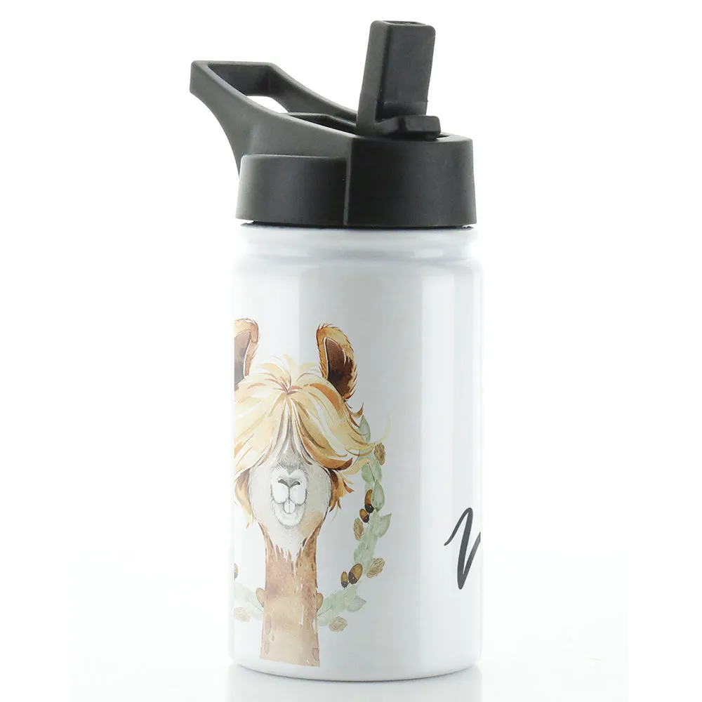 Personalised Brown Alpaca Acorns and Name White Sports Flask