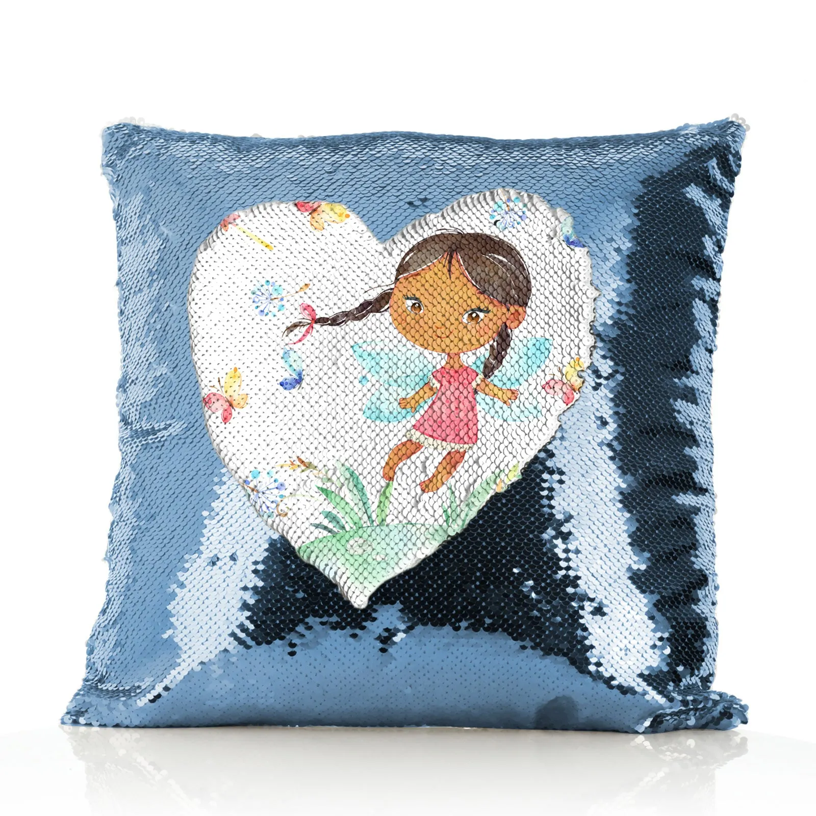 Personalised Sequin Cushion with Cute Text and Butterfly Hill Brown Plait Fairy