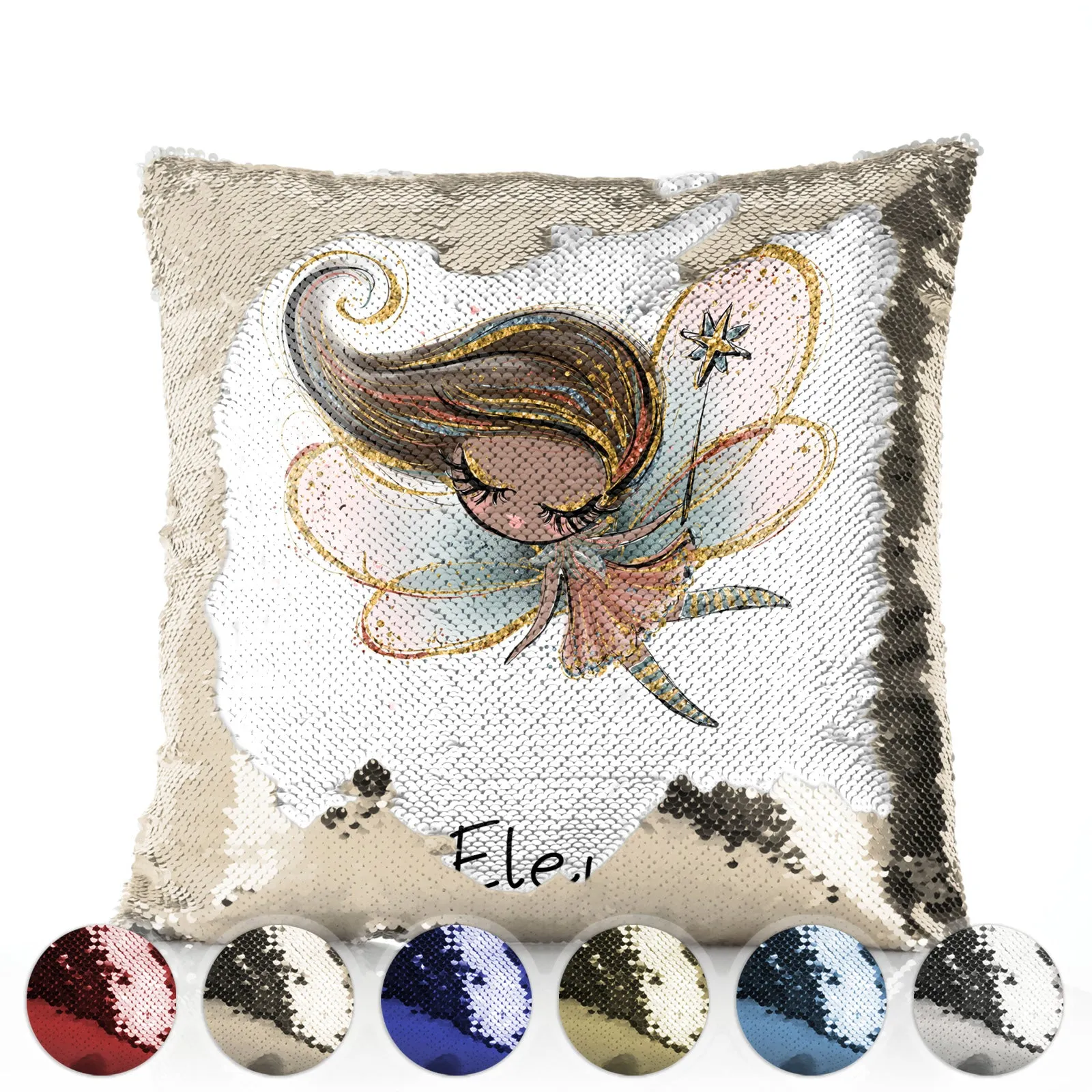 Personalised Sequin Cushion with Cute Text and Butterfly Hill Brown Plait Fairy