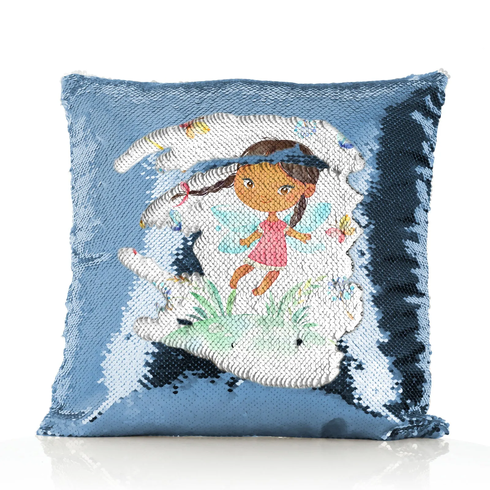 Personalised Sequin Cushion with Cute Text and Butterfly Hill Brown Plait Fairy