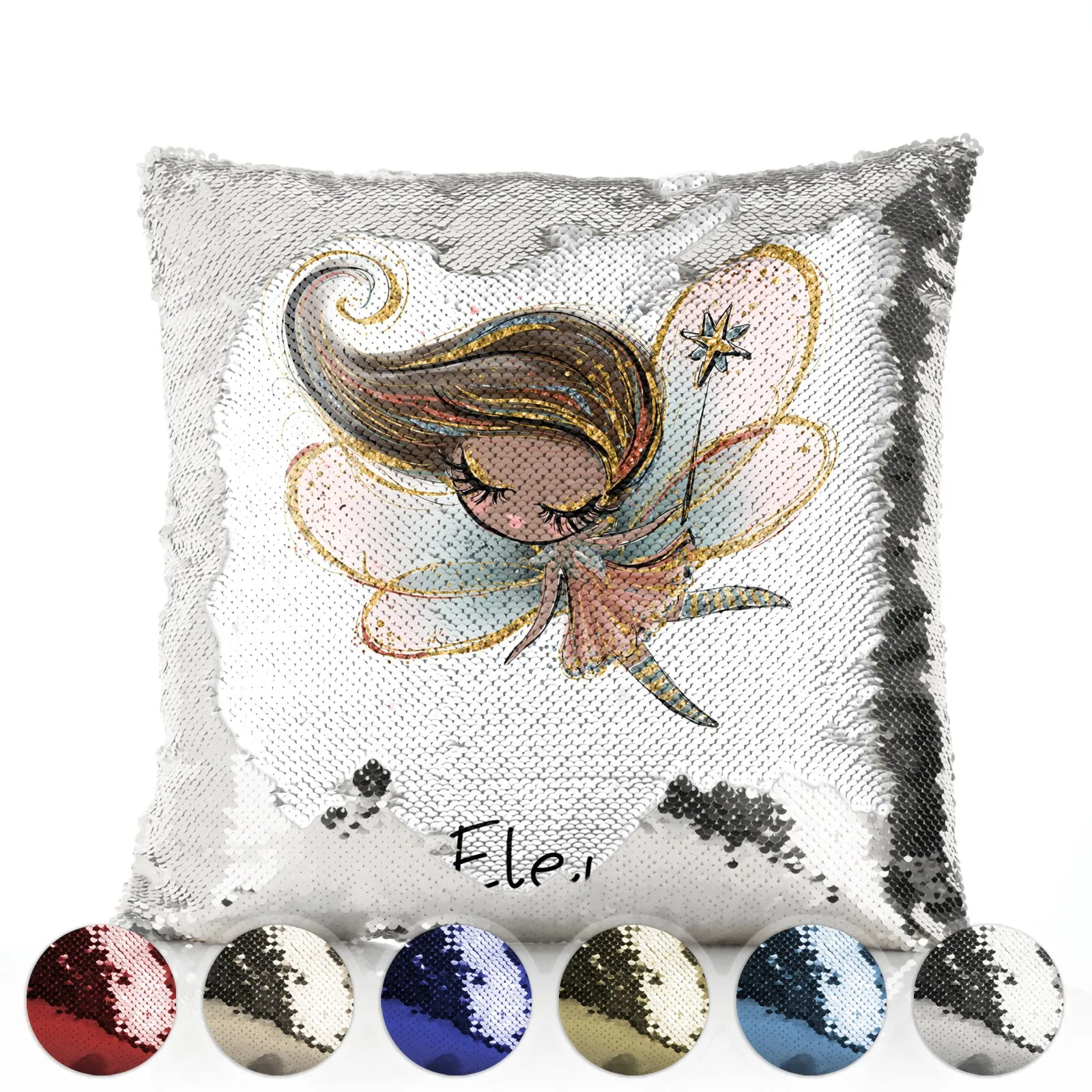 Personalised Sequin Cushion with Cute Text and Butterfly Hill Brown Plait Fairy