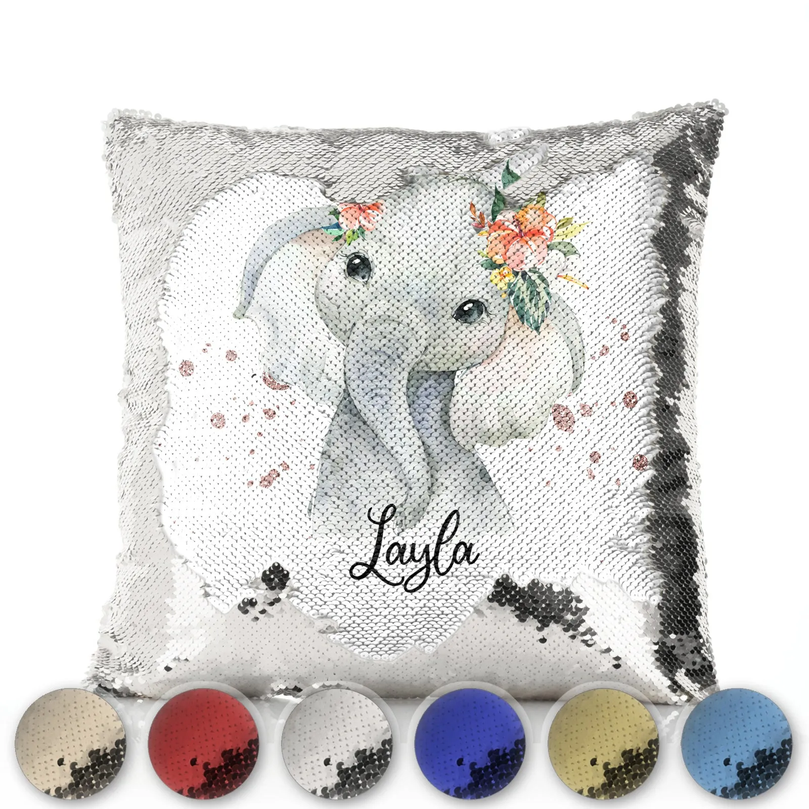 Personalised Sequin Cushion with Elephant Rain Drop Glitter Print and Cute Text