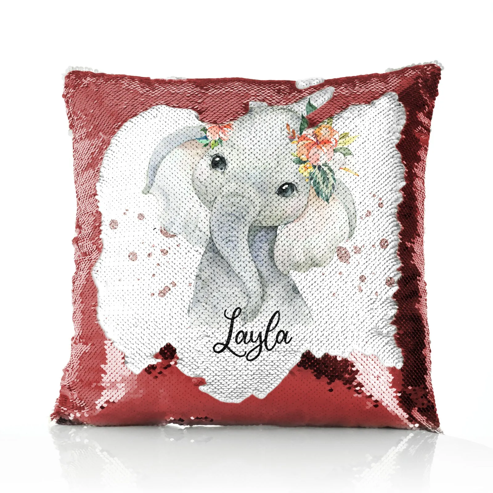 Personalised Sequin Cushion with Elephant Rain Drop Glitter Print and Cute Text