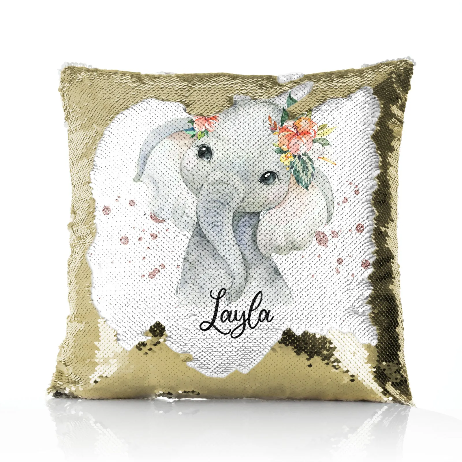 Personalised Sequin Cushion with Elephant Rain Drop Glitter Print and Cute Text