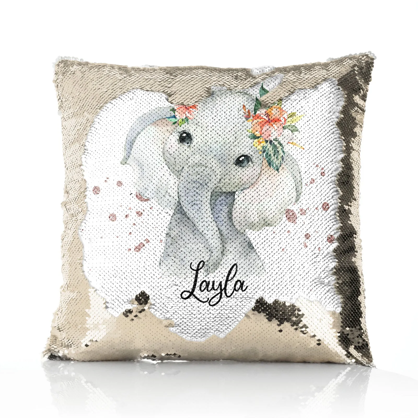 Personalised Sequin Cushion with Elephant Rain Drop Glitter Print and Cute Text