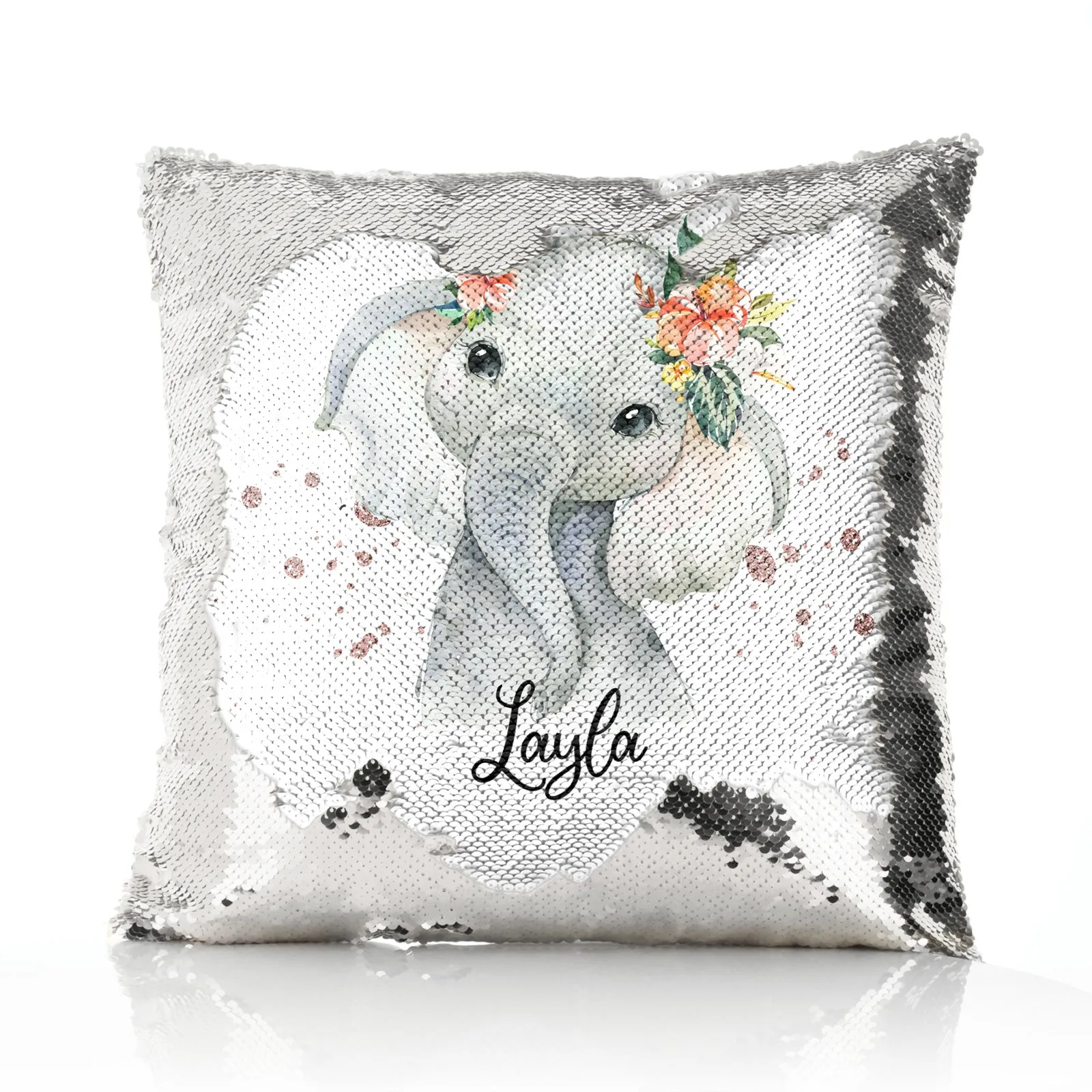 Personalised Sequin Cushion with Elephant Rain Drop Glitter Print and Cute Text