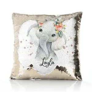 Personalised Sequin Cushion with Elephant Rain Drop Glitter Print and Cute Text