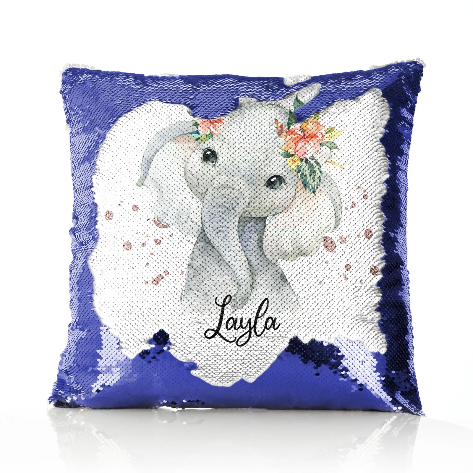 Personalised Sequin Cushion with Elephant Rain Drop Glitter Print and Cute Text