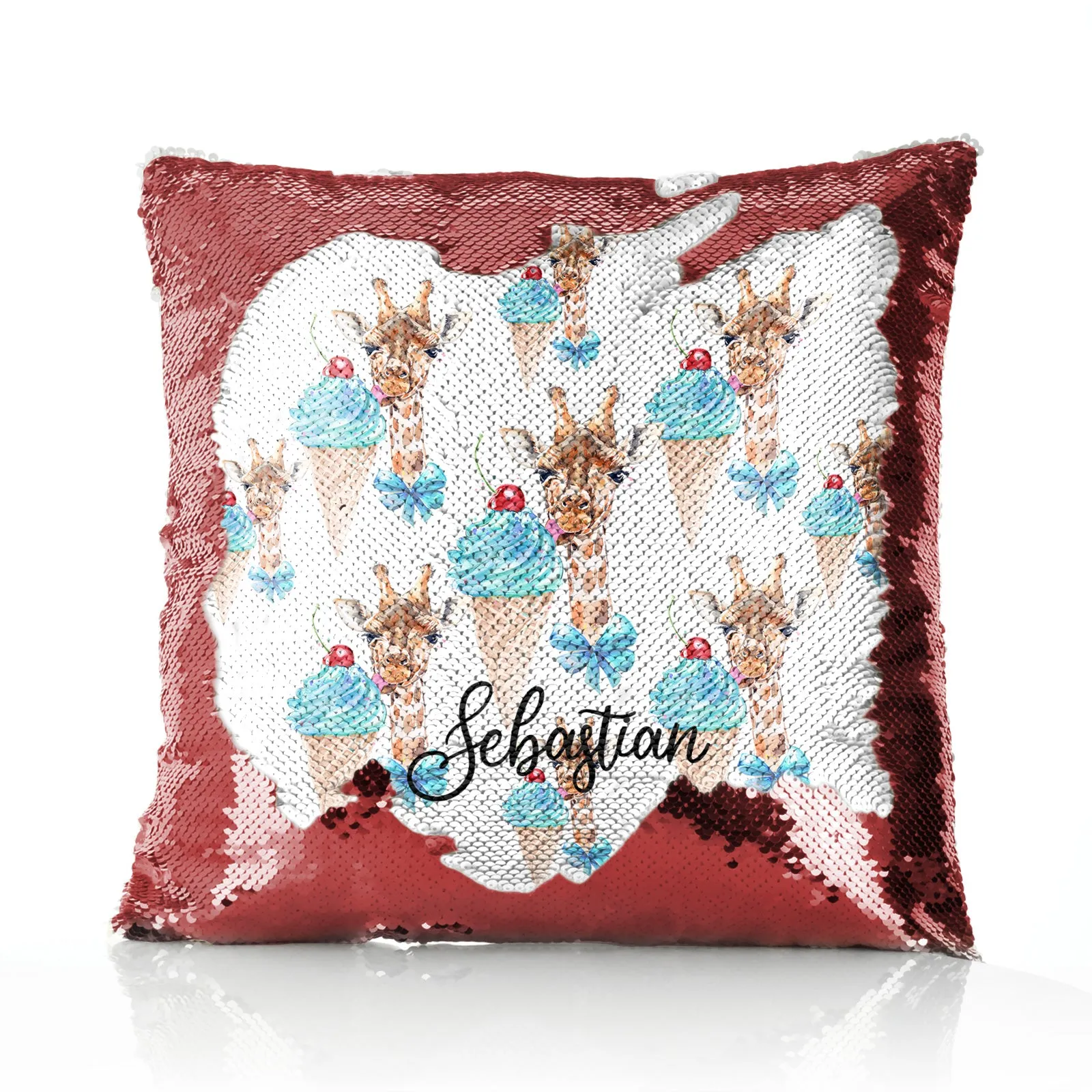 Personalised Sequin Cushion with Giraffe Blue Ice creams and Cute Text