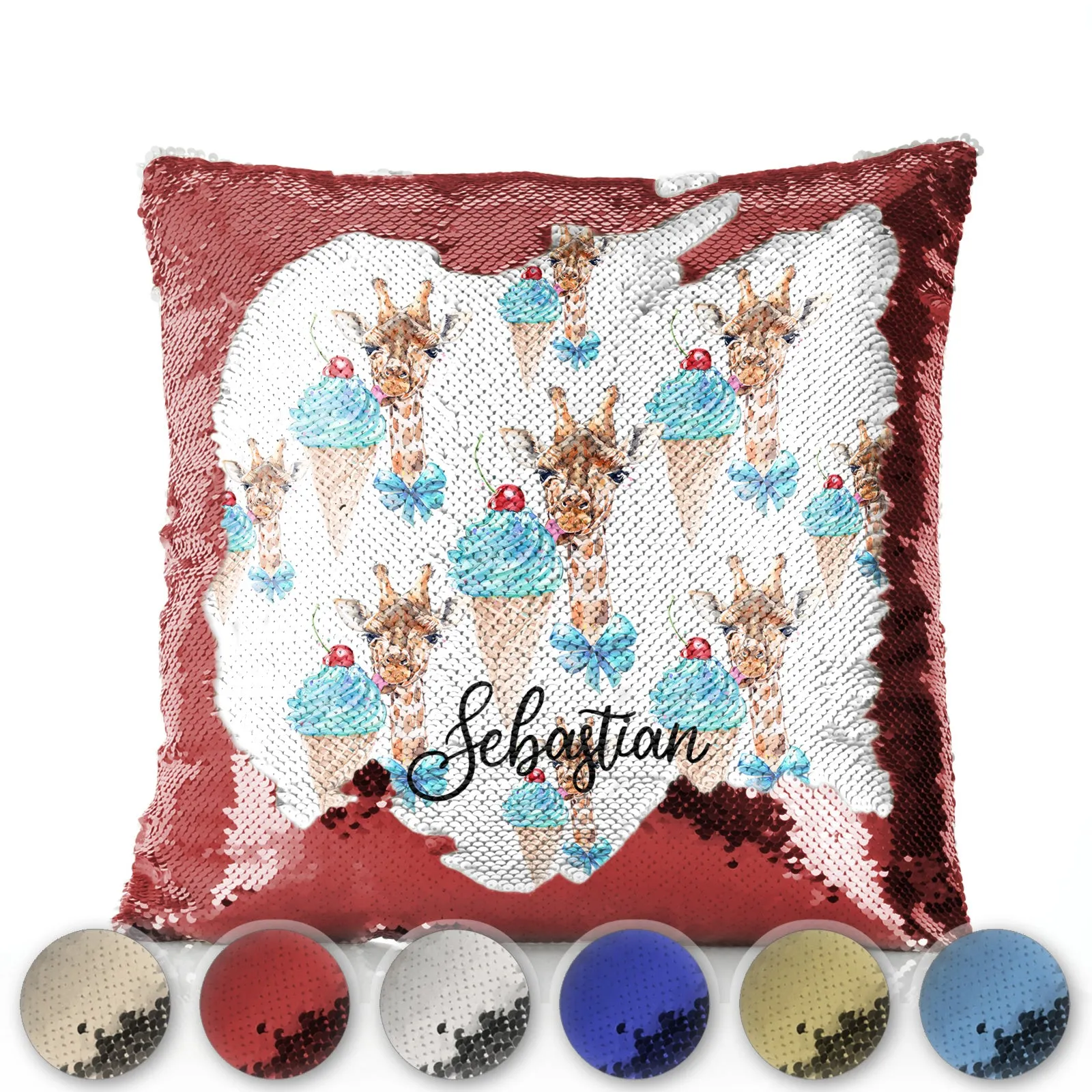 Personalised Sequin Cushion with Giraffe Blue Ice creams and Cute Text