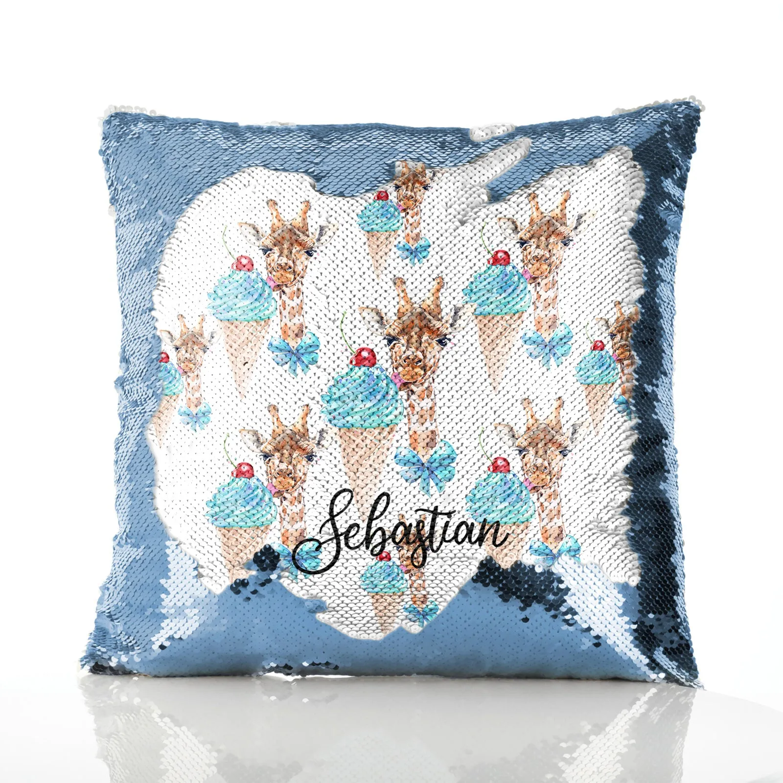 Personalised Sequin Cushion with Giraffe Blue Ice creams and Cute Text