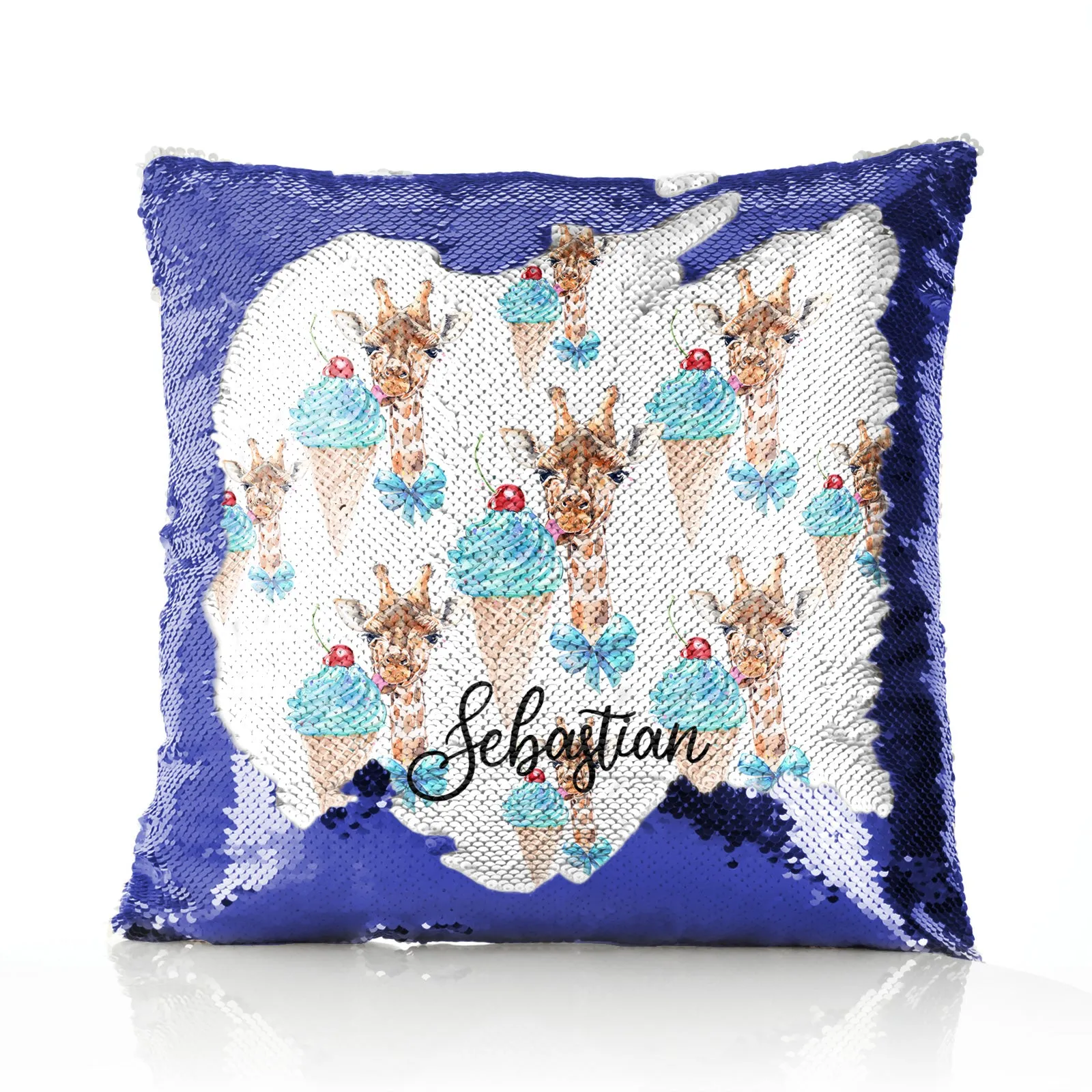 Personalised Sequin Cushion with Giraffe Blue Ice creams and Cute Text
