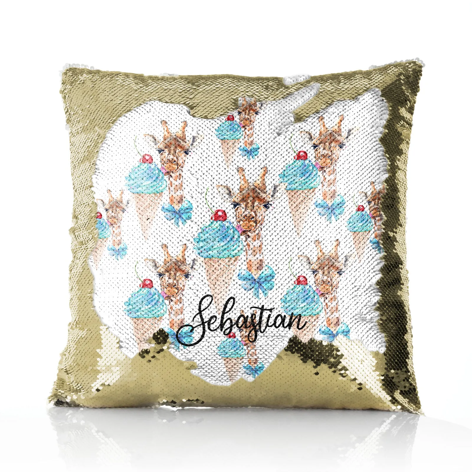 Personalised Sequin Cushion with Giraffe Blue Ice creams and Cute Text