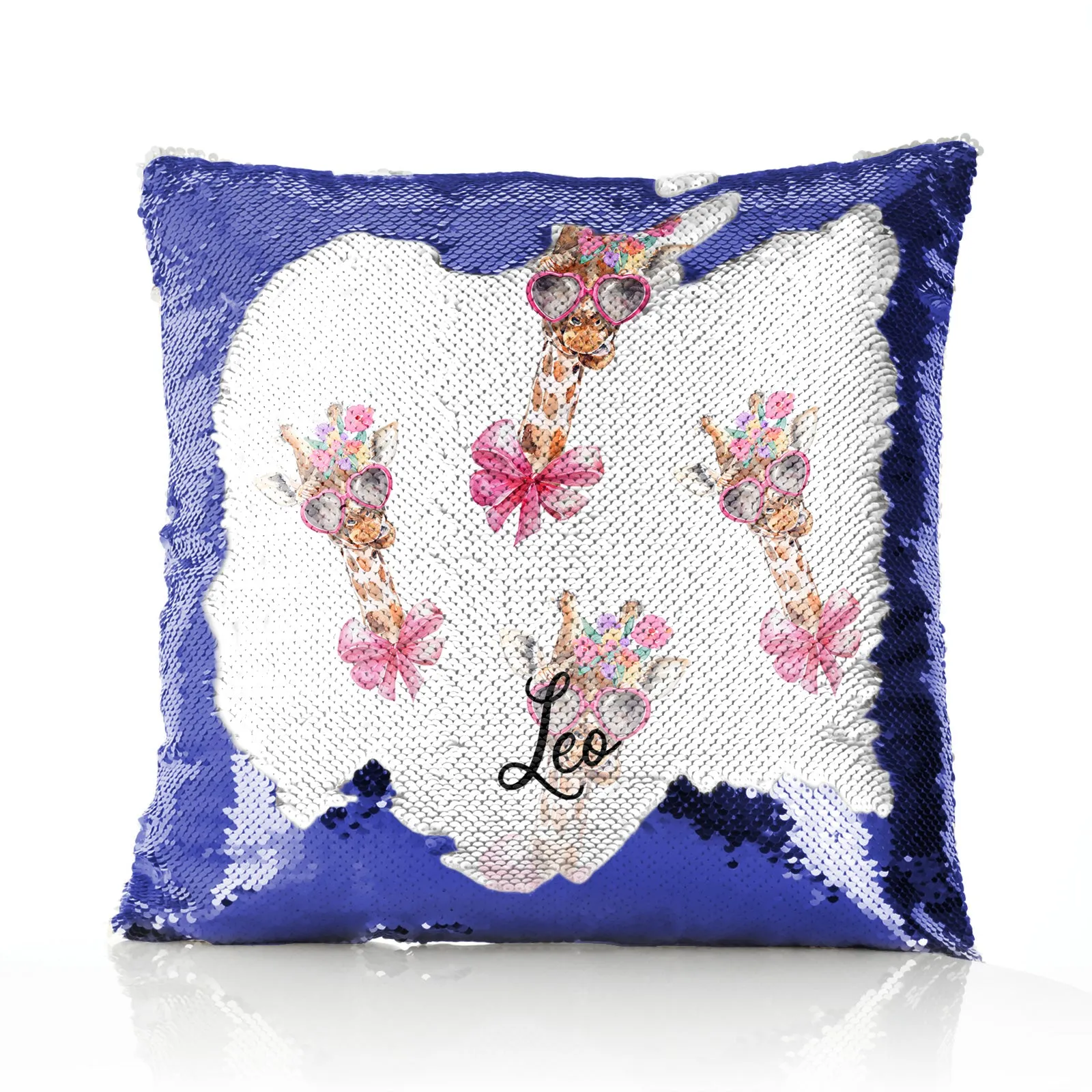 Personalised Sequin Cushion with Giraffe Pink Bow Multicolour Flowers and Cute Text
