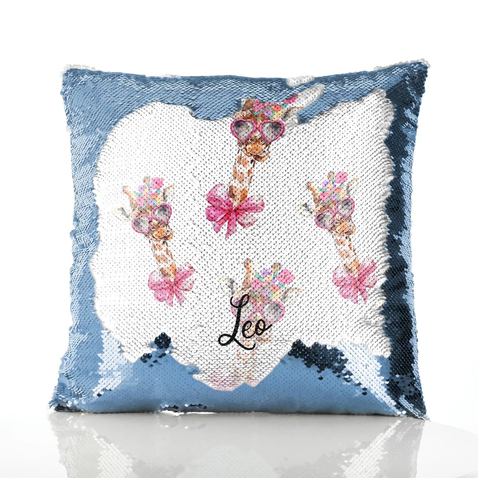 Personalised Sequin Cushion with Giraffe Pink Bow Multicolour Flowers and Cute Text