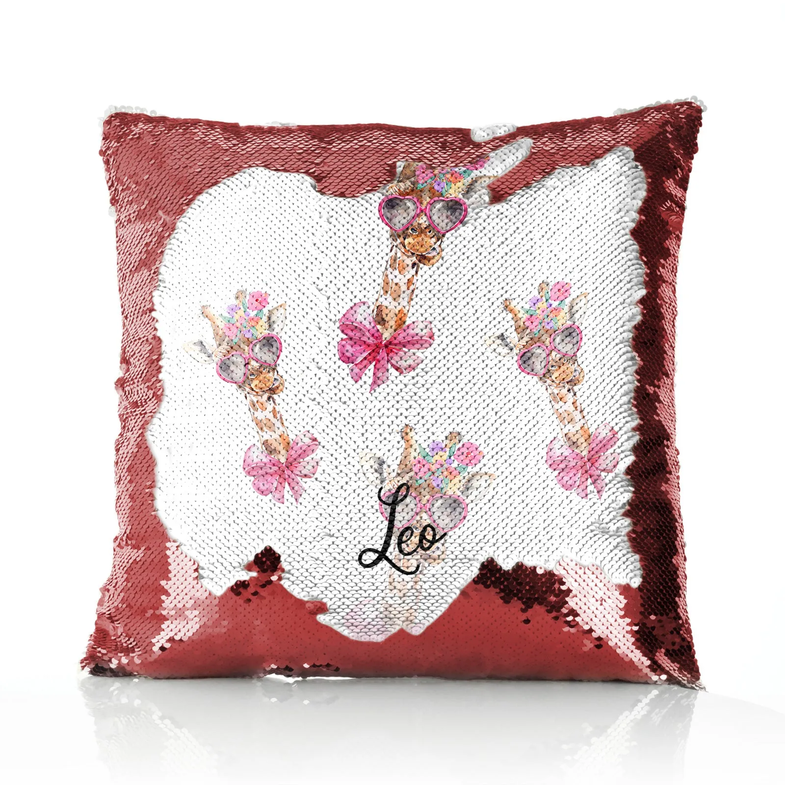 Personalised Sequin Cushion with Giraffe Pink Bow Multicolour Flowers and Cute Text