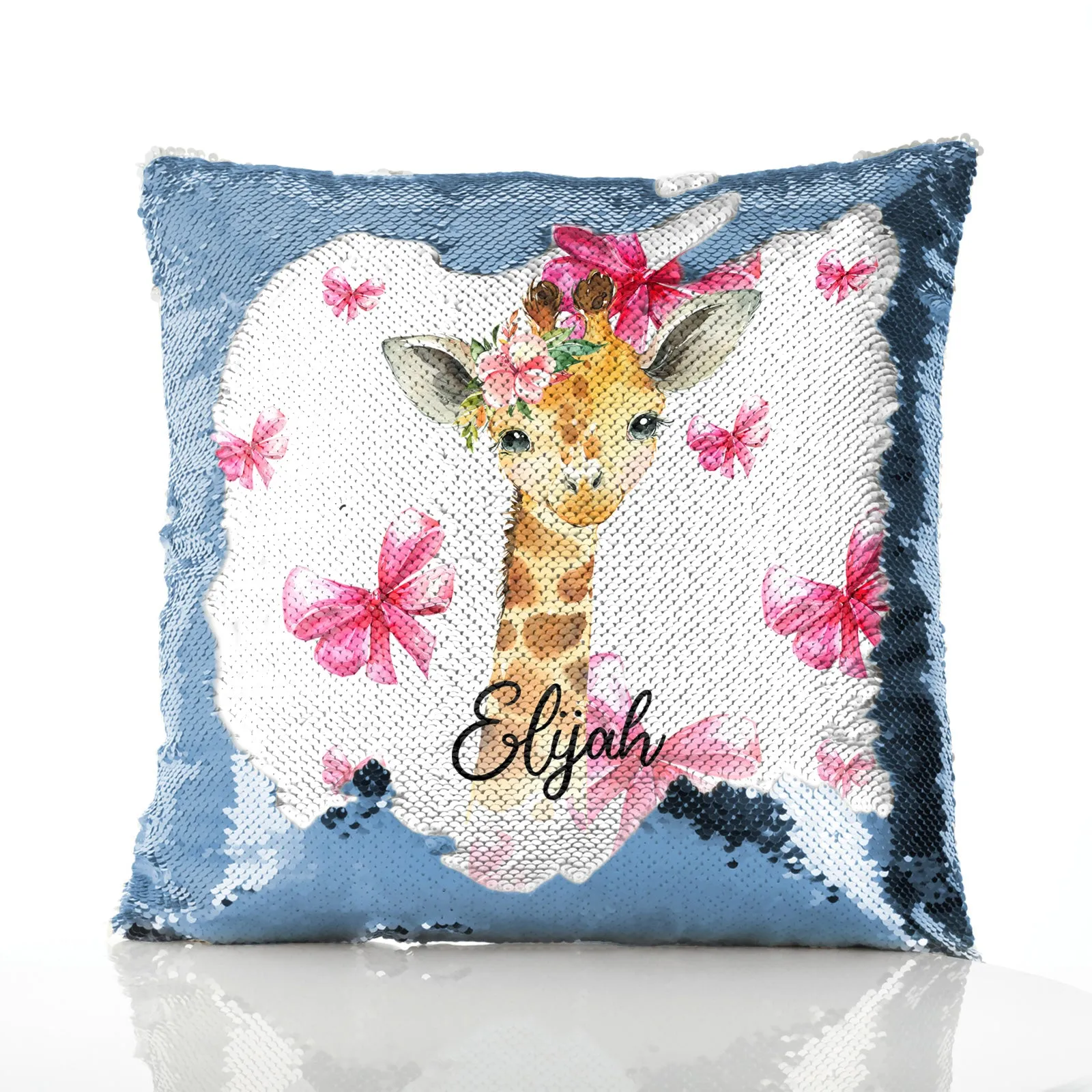 Personalised Sequin Cushion with Giraffe Pink Bows and Cute Text