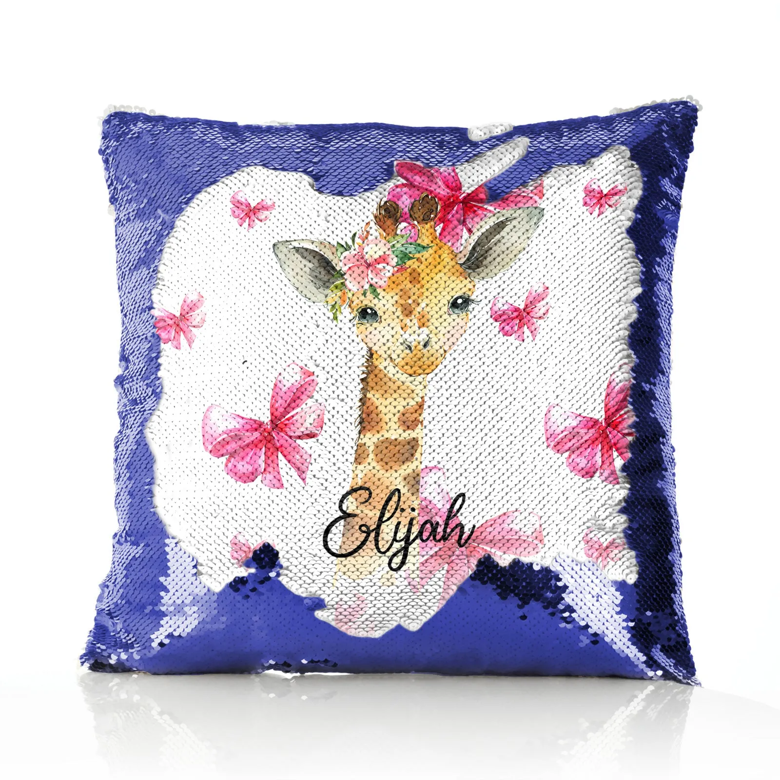 Personalised Sequin Cushion with Giraffe Pink Bows and Cute Text