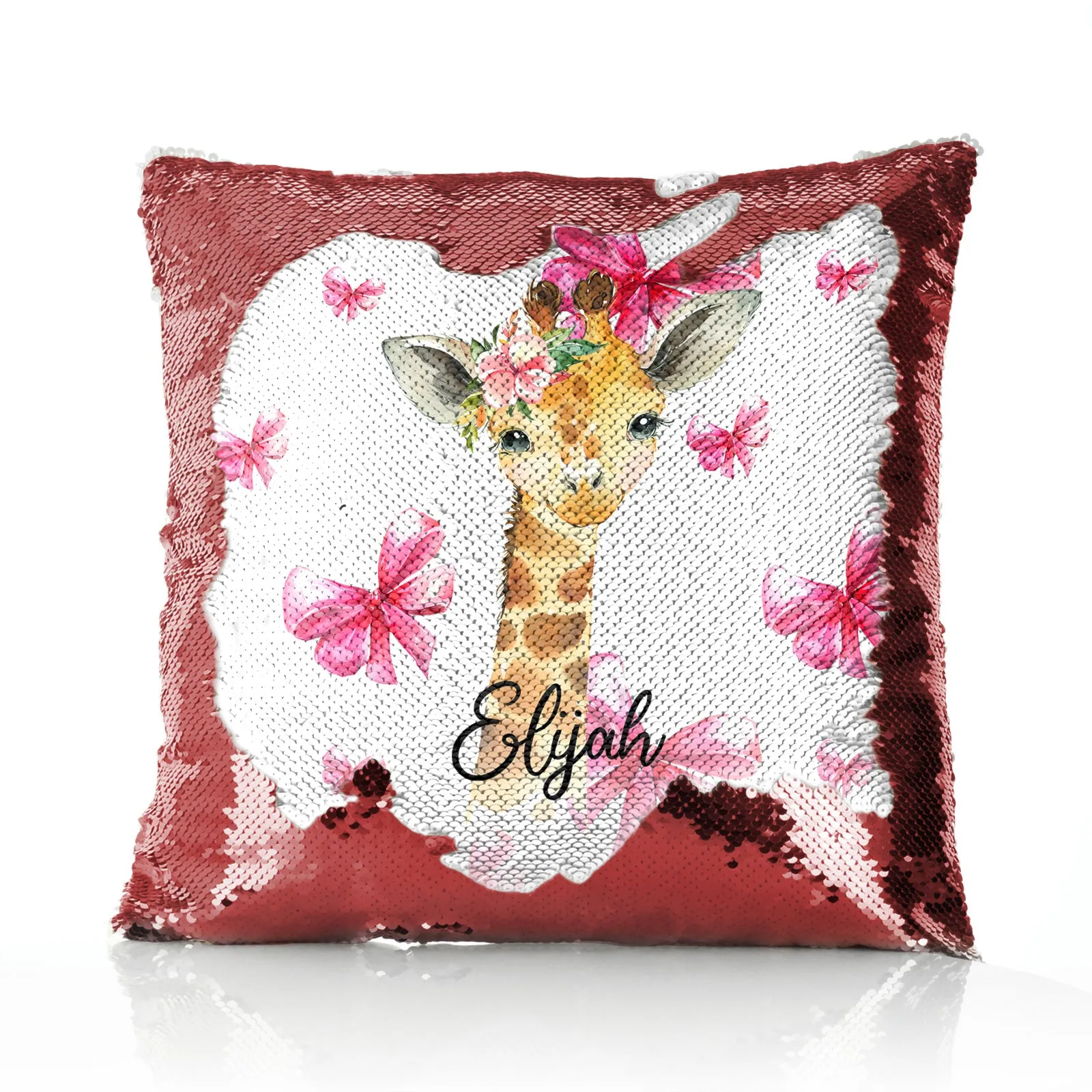 Personalised Sequin Cushion with Giraffe Pink Bows and Cute Text