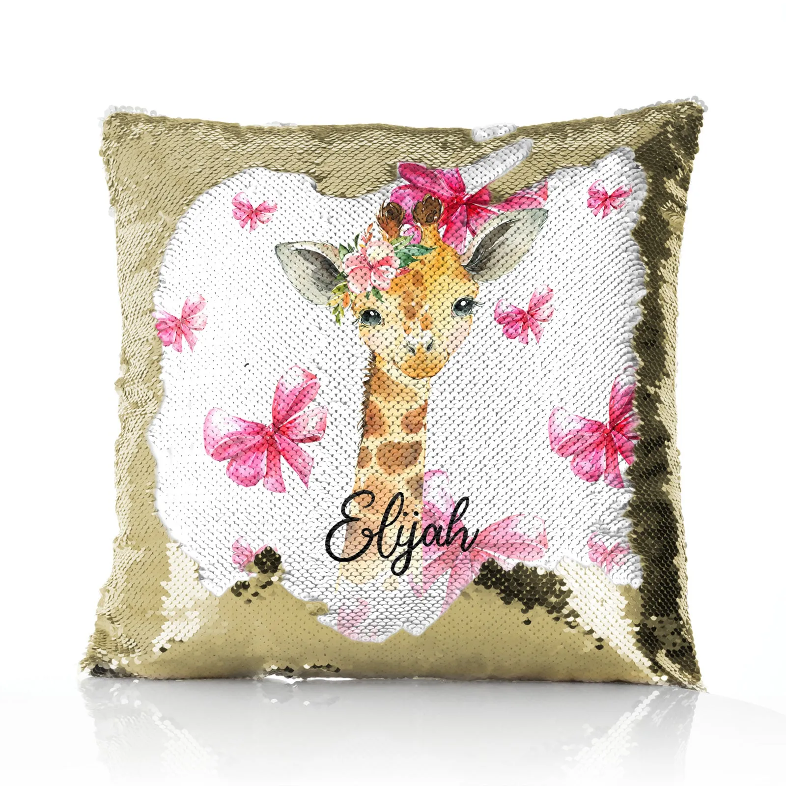 Personalised Sequin Cushion with Giraffe Pink Bows and Cute Text