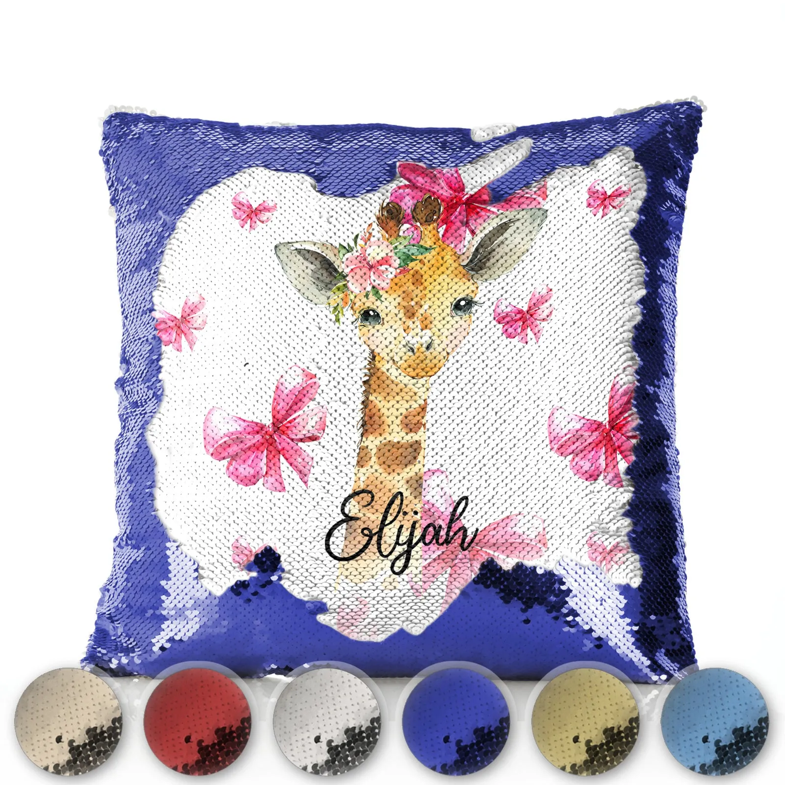 Personalised Sequin Cushion with Giraffe Pink Bows and Cute Text