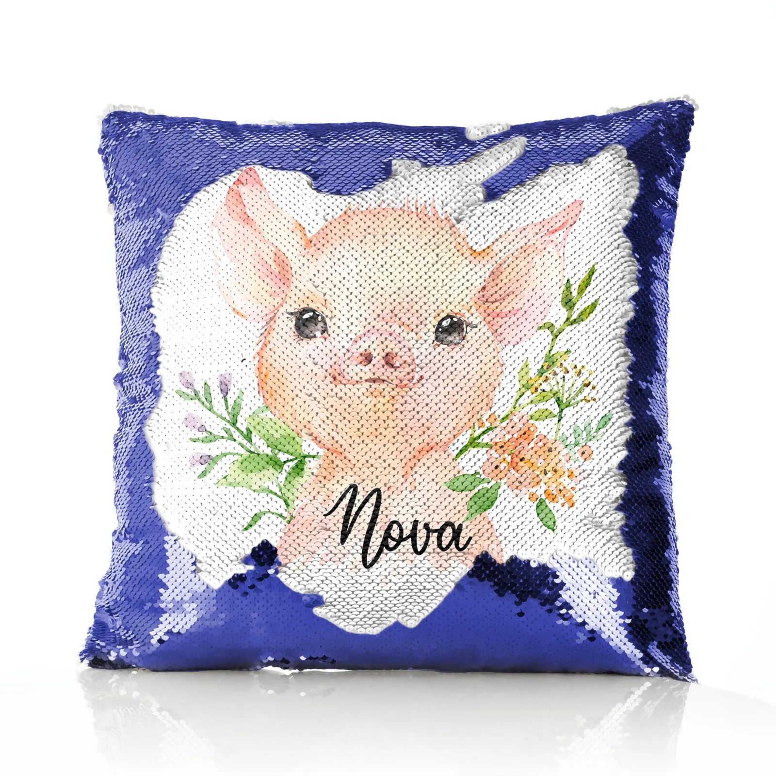 Personalised Sequin Cushion with Pink Pig Flowers and Cute Text