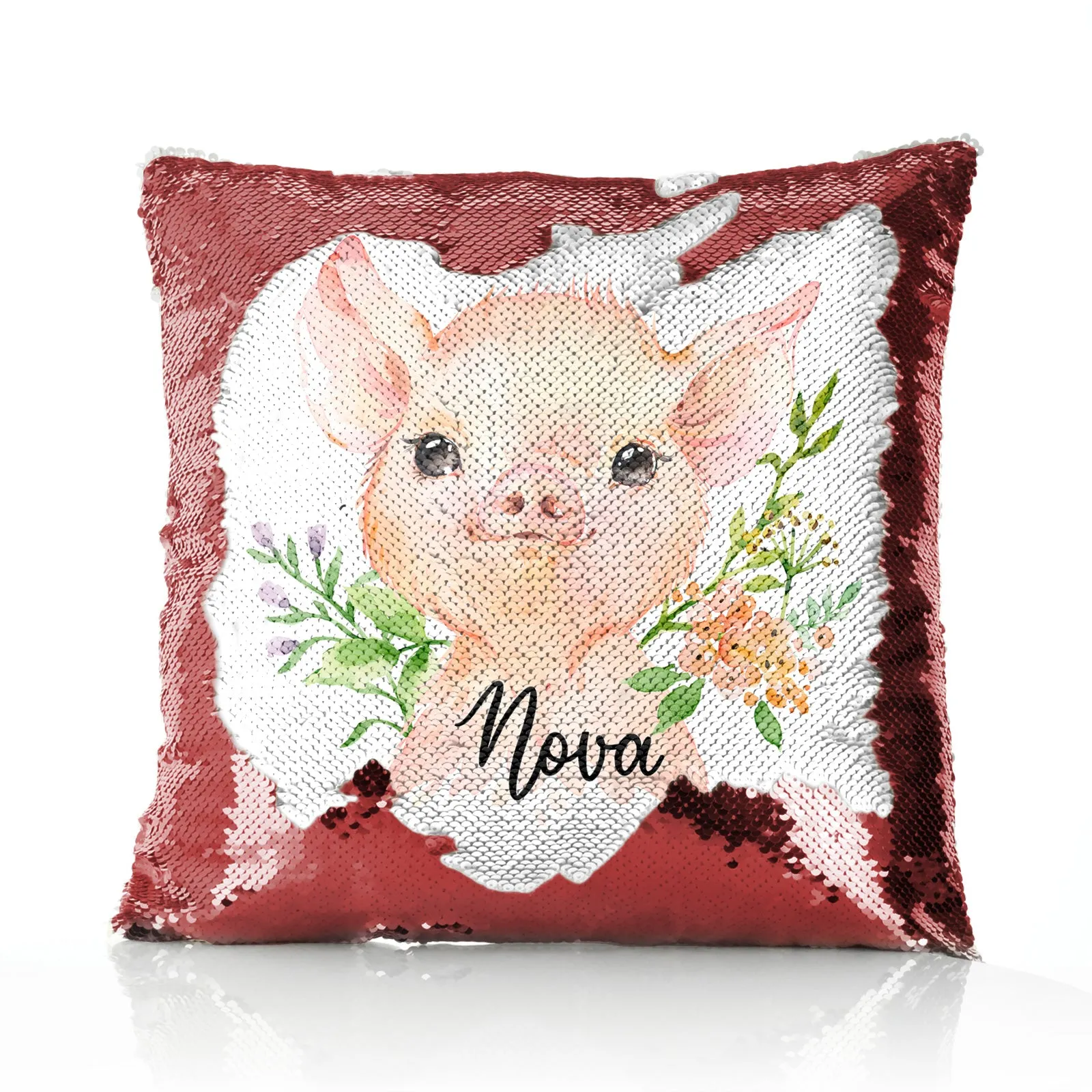 Personalised Sequin Cushion with Pink Pig Flowers and Cute Text