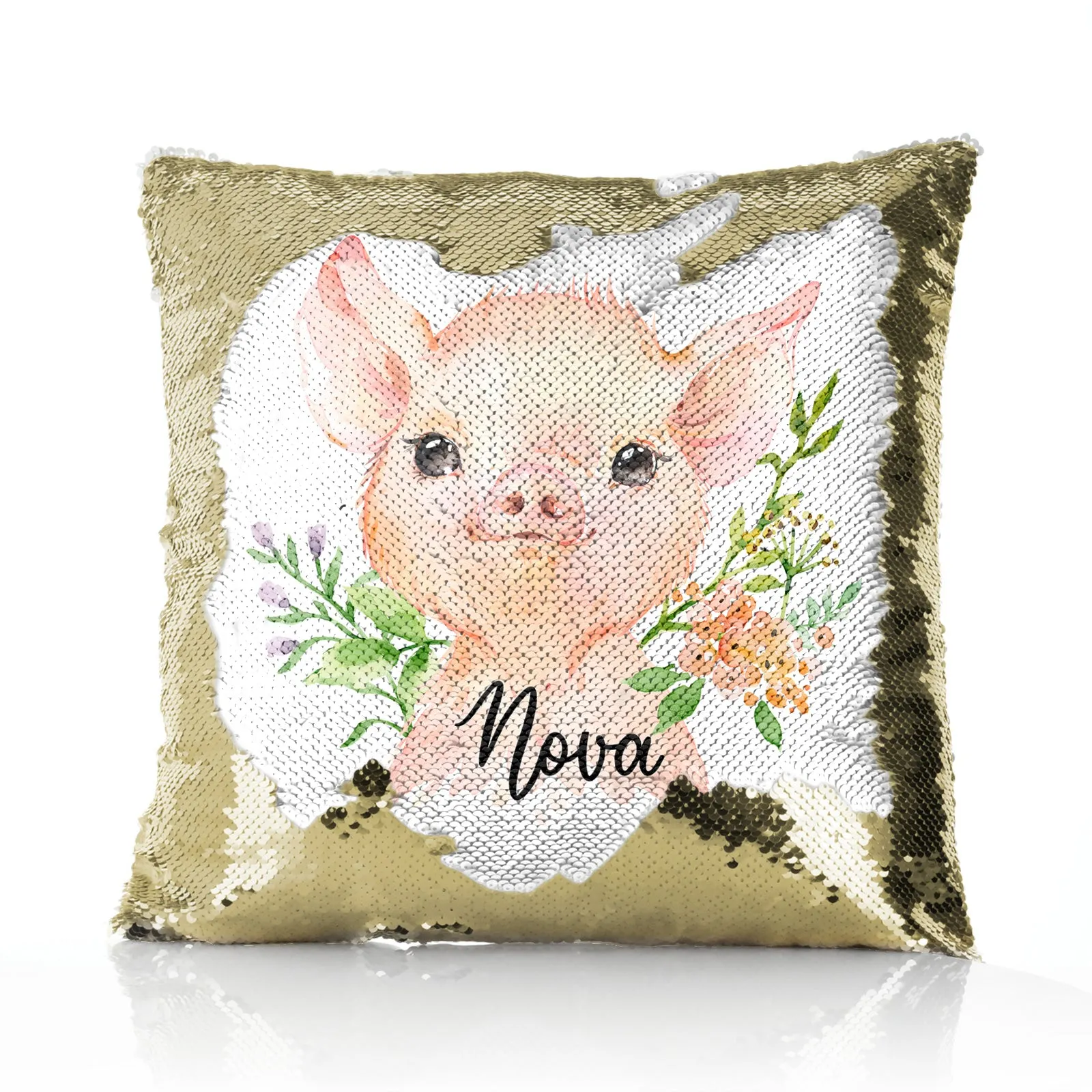 Personalised Sequin Cushion with Pink Pig Flowers and Cute Text