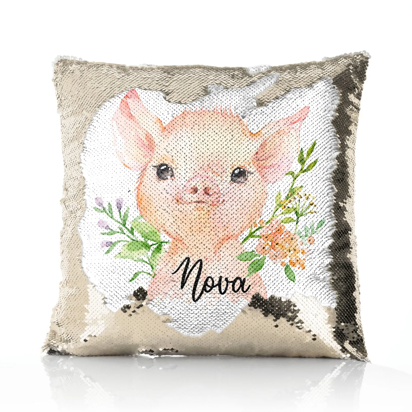 Personalised Sequin Cushion with Pink Pig Flowers and Cute Text