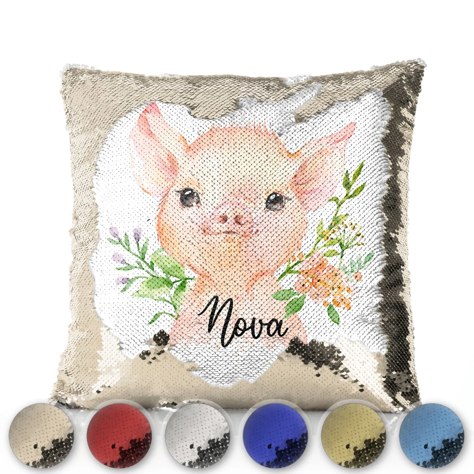 Personalised Sequin Cushion with Pink Pig Flowers and Cute Text
