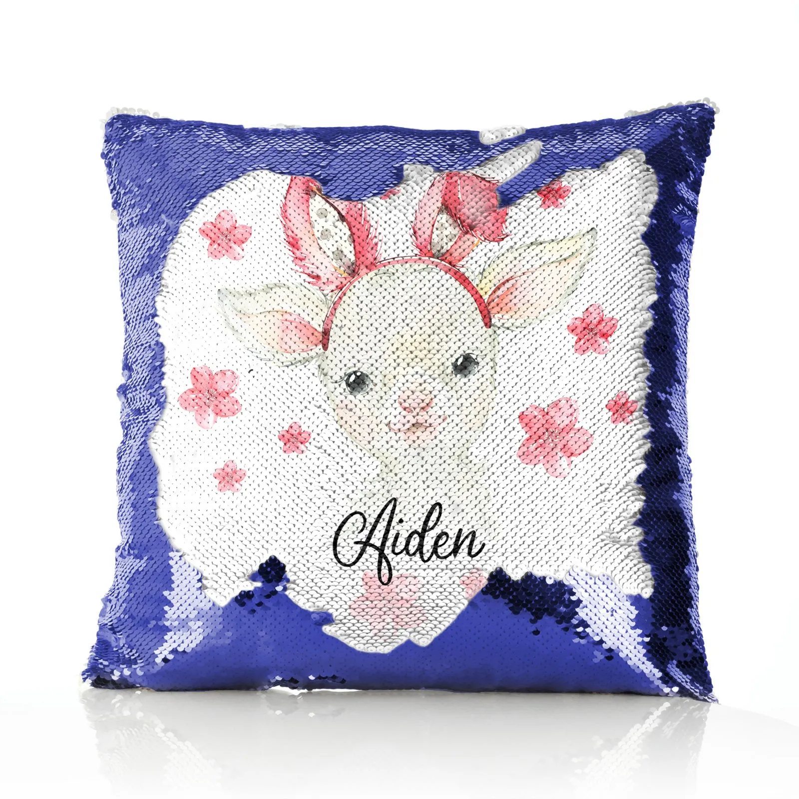 Personalised Sequin Cushion with White Lamb Pink Bunny Ears and Flowers and Cute Text