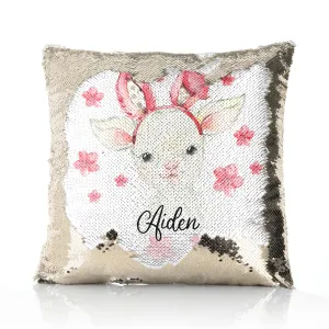 Personalised Sequin Cushion with White Lamb Pink Bunny Ears and Flowers and Cute Text