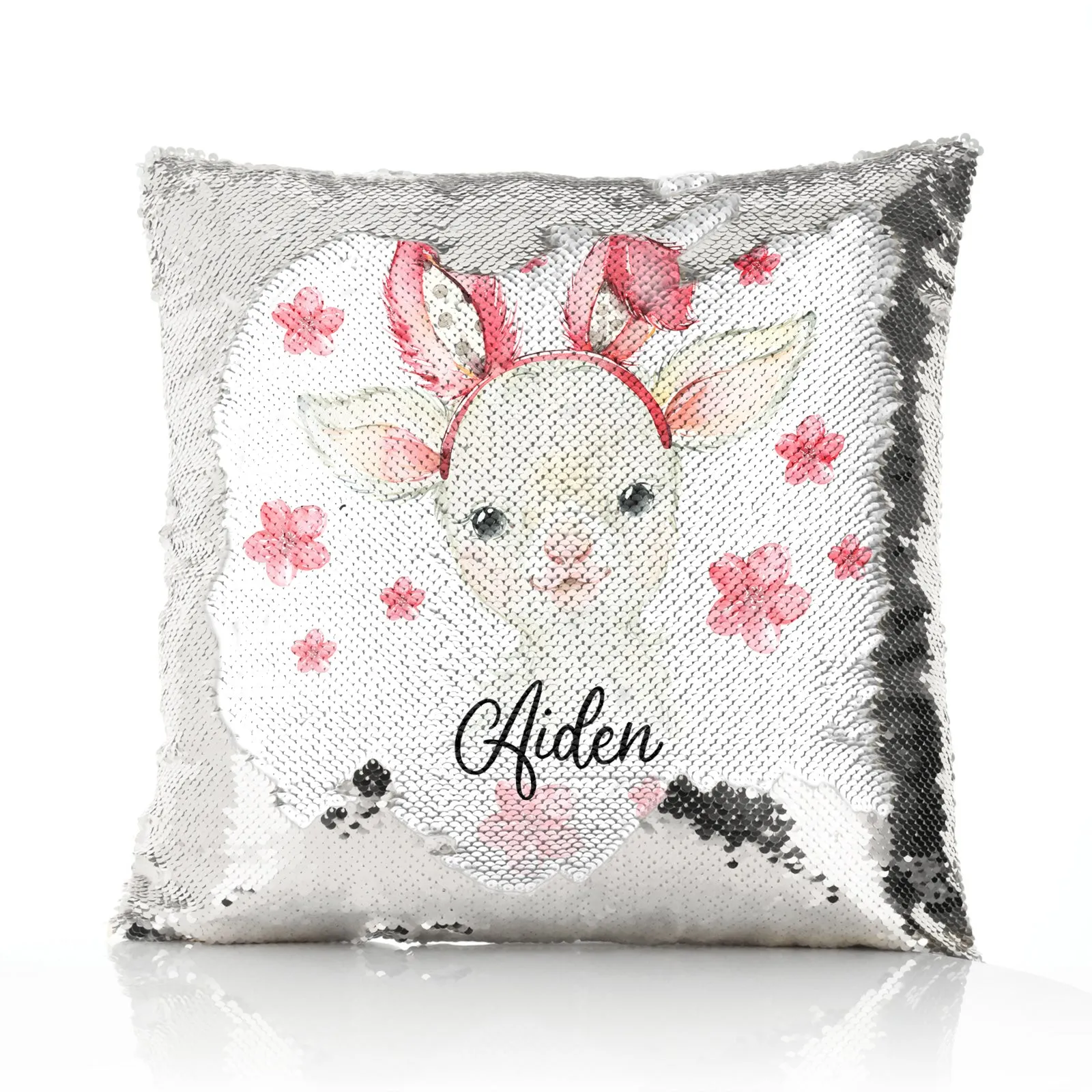 Personalised Sequin Cushion with White Lamb Pink Bunny Ears and Flowers and Cute Text