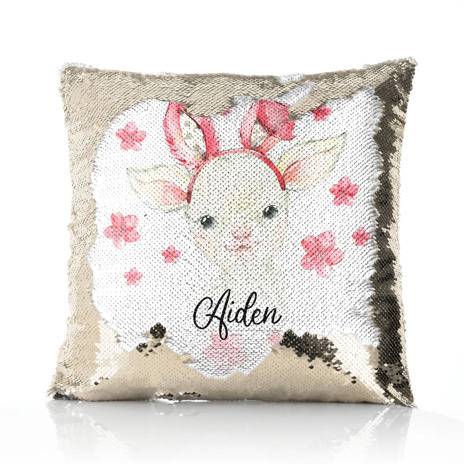 Personalised Sequin Cushion with White Lamb Pink Bunny Ears and Flowers and Cute Text