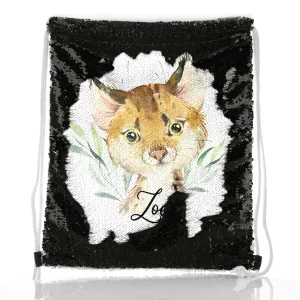 Personalised Sequin Drawstring Backpack with Spot Cat and Leaves and Cute Text