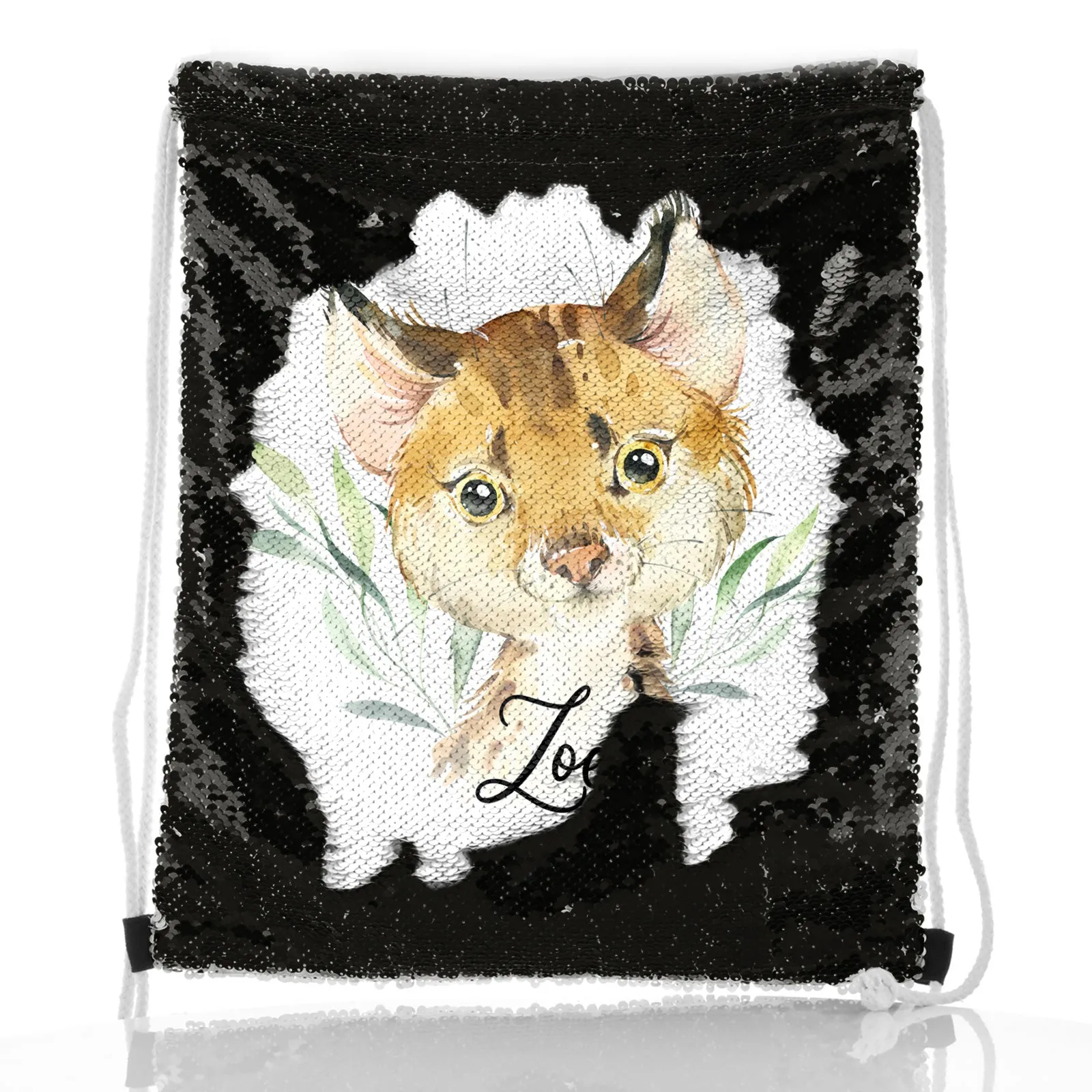 Personalised Sequin Drawstring Backpack with Spot Cat and Leaves and Cute Text