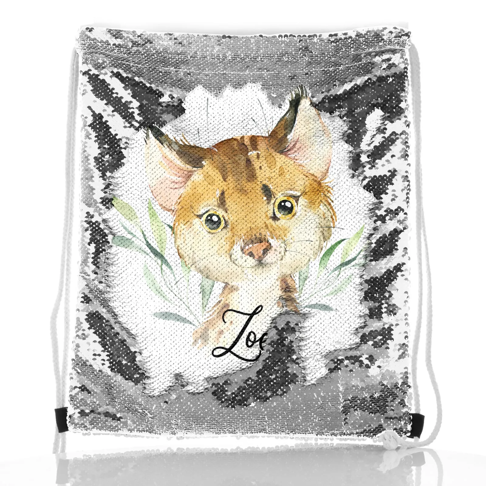 Personalised Sequin Drawstring Backpack with Spot Cat and Leaves and Cute Text