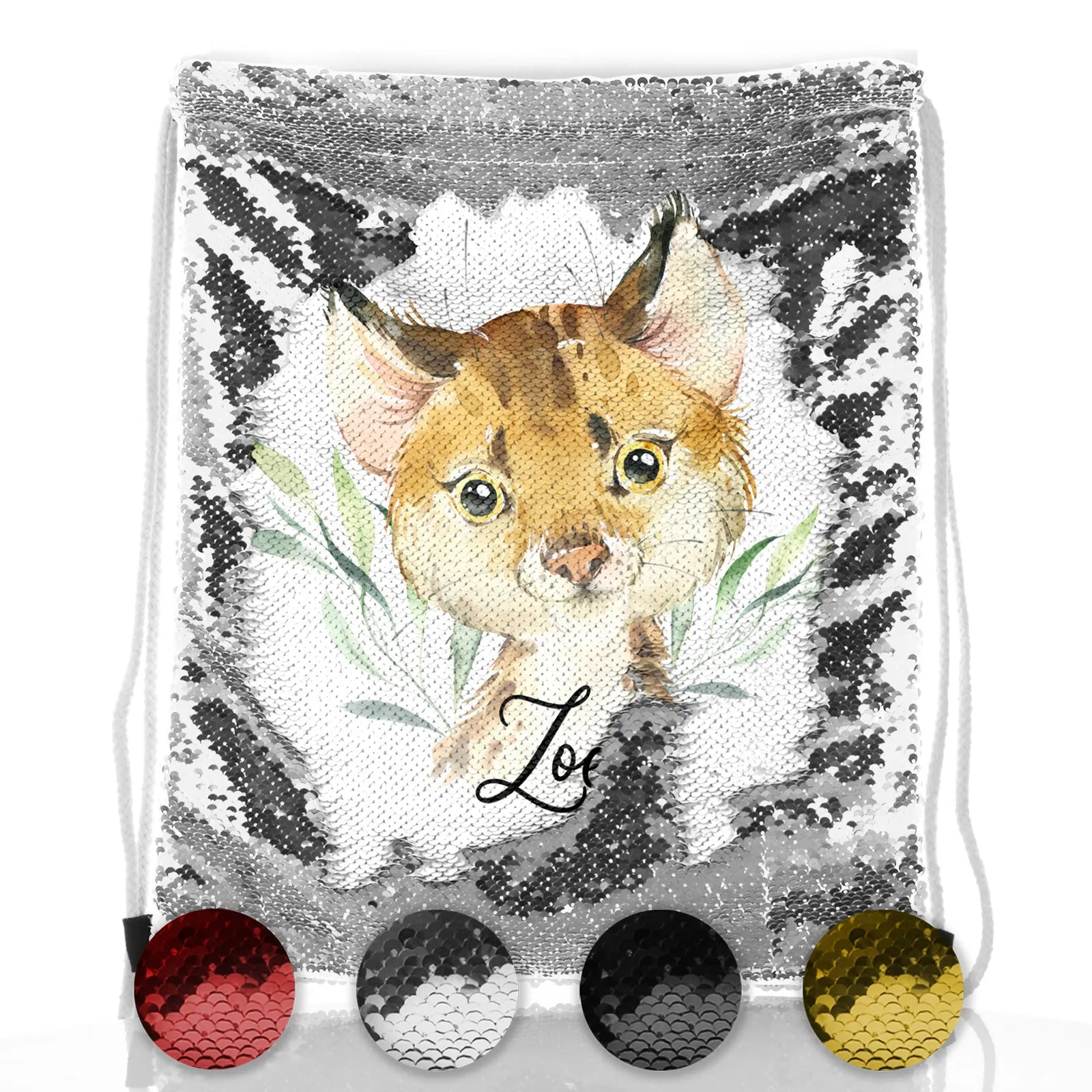 Personalised Sequin Drawstring Backpack with Spot Cat and Leaves and Cute Text