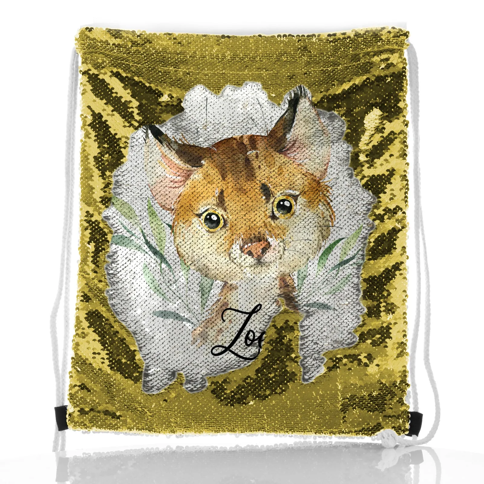 Personalised Sequin Drawstring Backpack with Spot Cat and Leaves and Cute Text