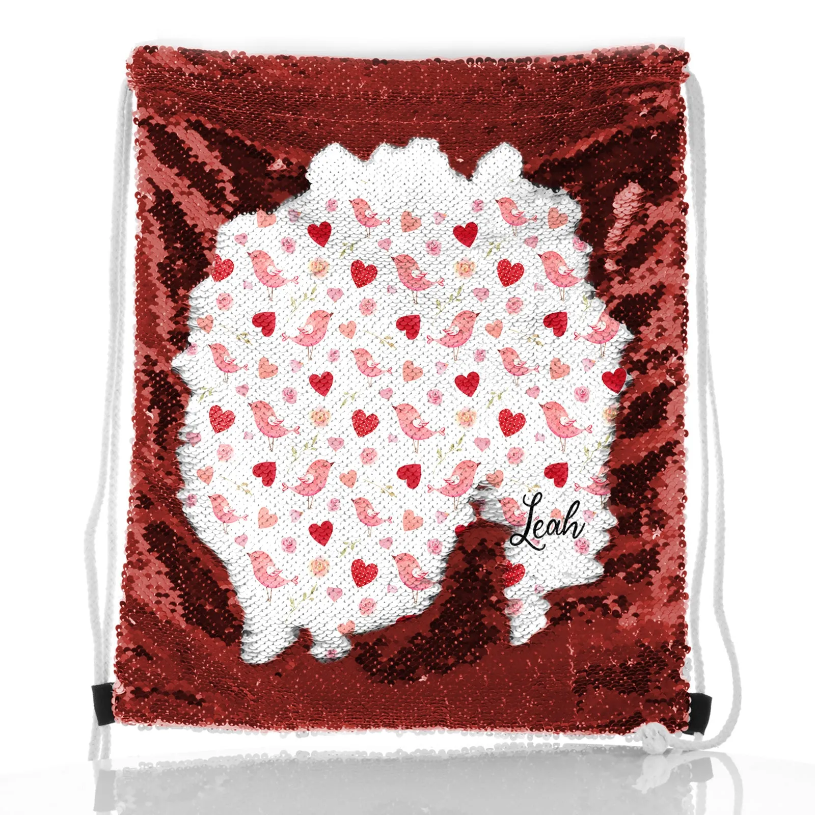 Personalised Sequin Drawstring Backpack with Stylish Text and Love Heart Birds Print