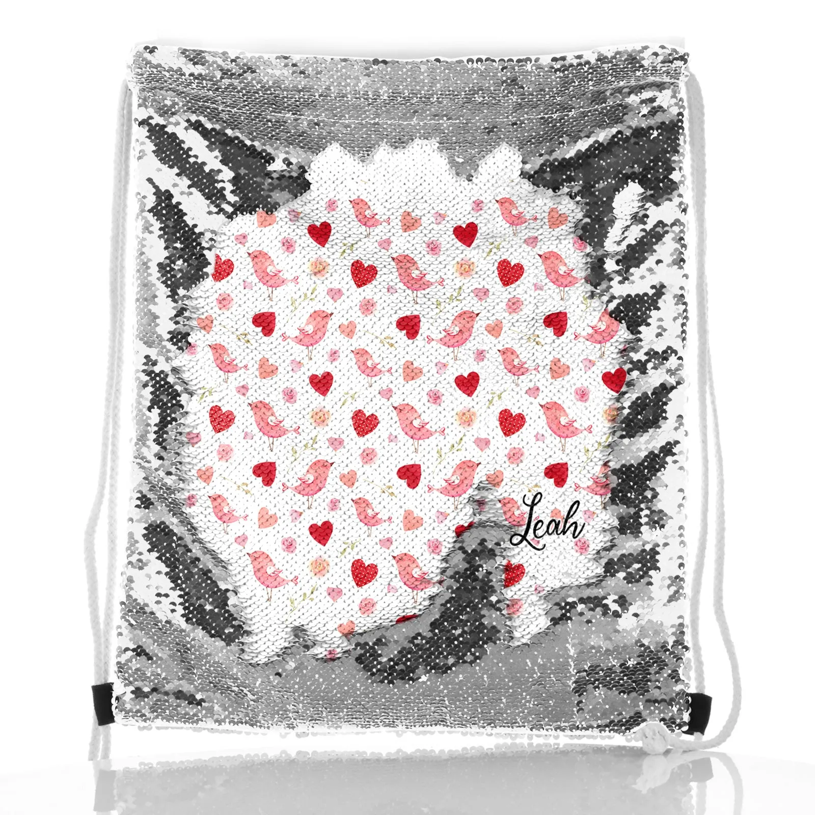 Personalised Sequin Drawstring Backpack with Stylish Text and Love Heart Birds Print