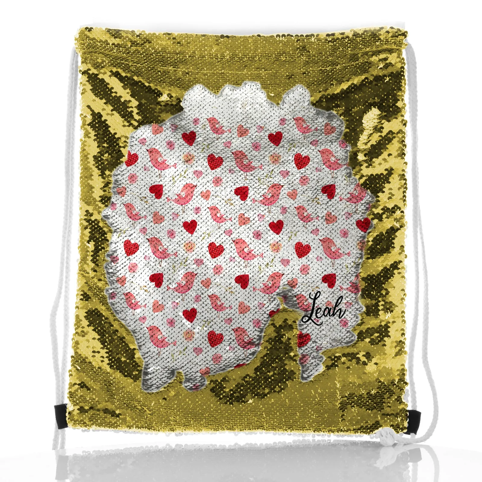 Personalised Sequin Drawstring Backpack with Stylish Text and Love Heart Birds Print