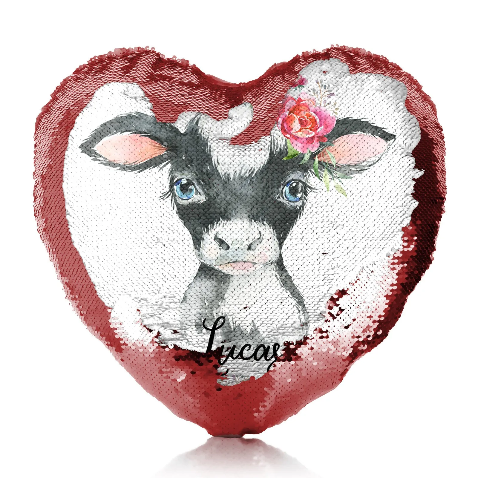 Personalised Sequin Heart Cushion with Black and White Cow Pink Rose Flowers and Cute Text