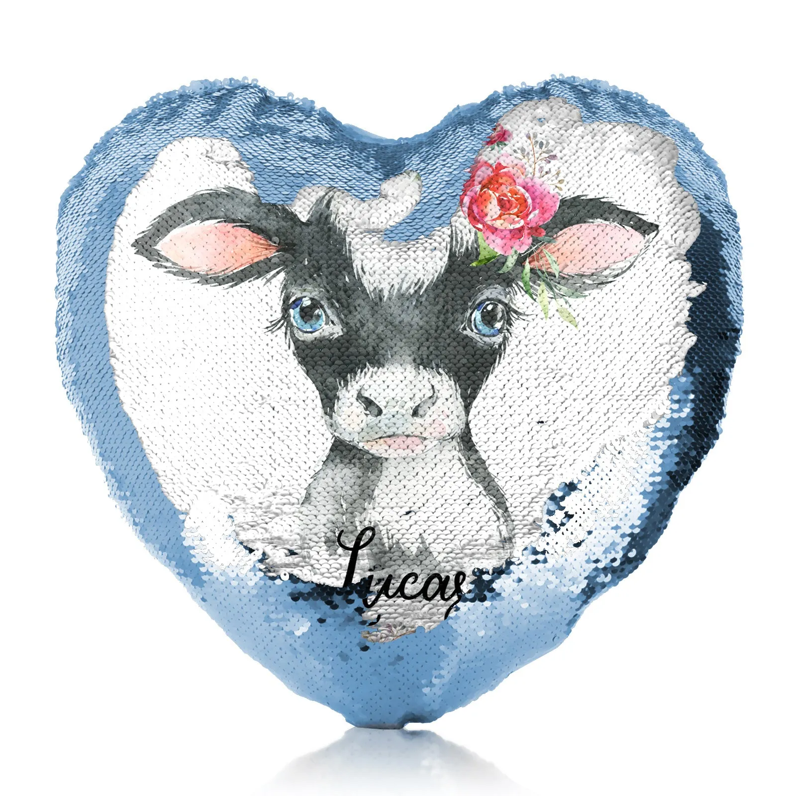 Personalised Sequin Heart Cushion with Black and White Cow Pink Rose Flowers and Cute Text