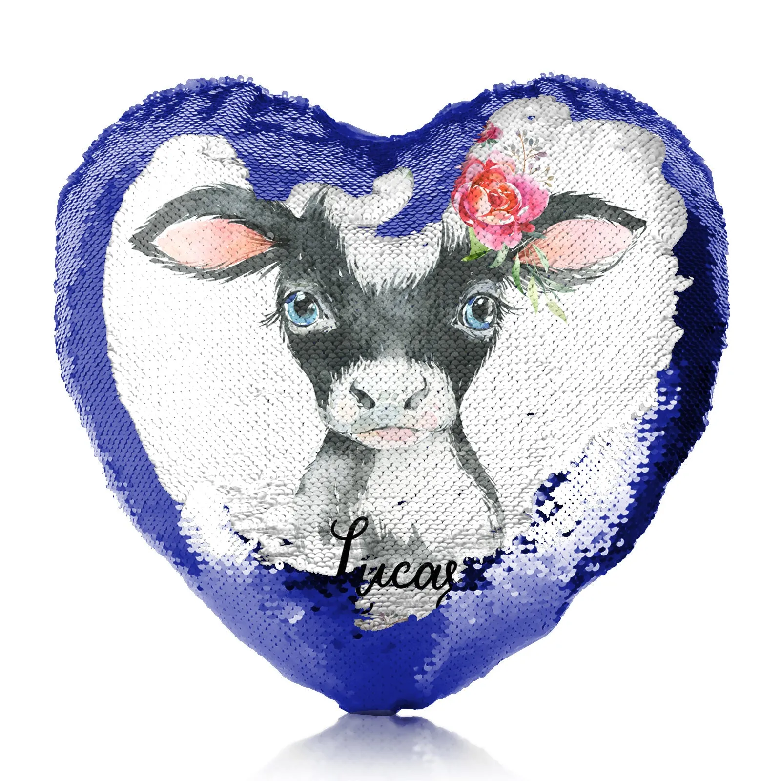 Personalised Sequin Heart Cushion with Black and White Cow Pink Rose Flowers and Cute Text