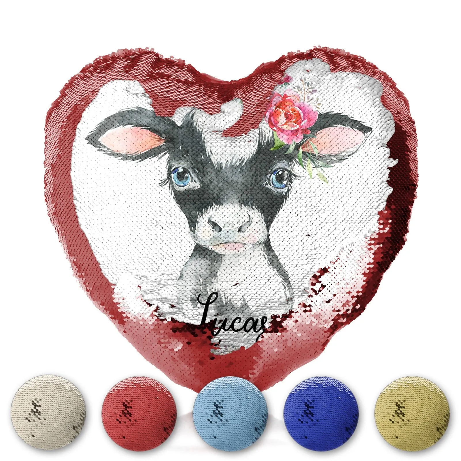Personalised Sequin Heart Cushion with Black and White Cow Pink Rose Flowers and Cute Text