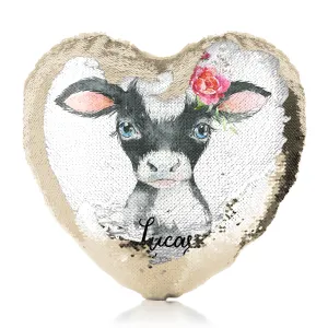 Personalised Sequin Heart Cushion with Black and White Cow Pink Rose Flowers and Cute Text