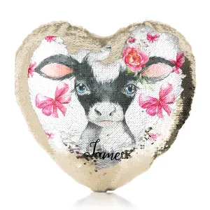 Personalised Sequin Heart Cushion with Cow Pink Bows and Cute Text